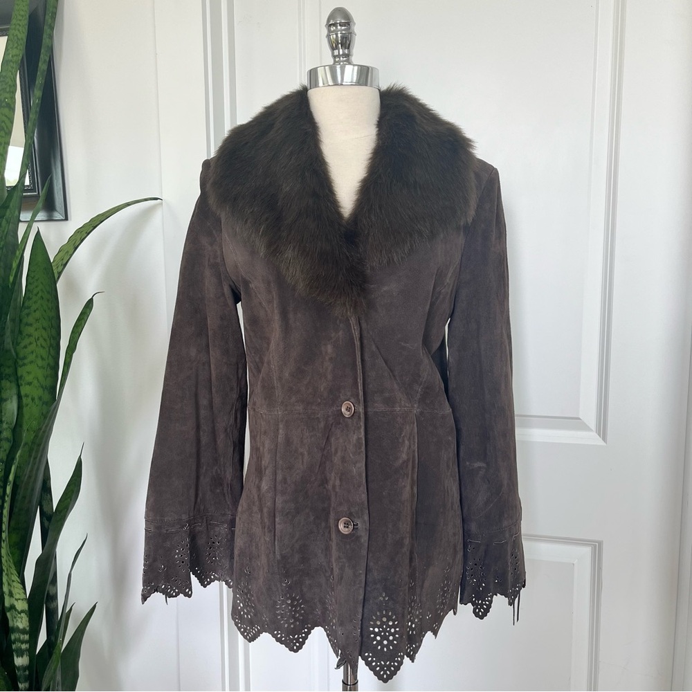 Vintage Dennis Basso Suede Jacket with Faux Fur Collar and Cut Out Details